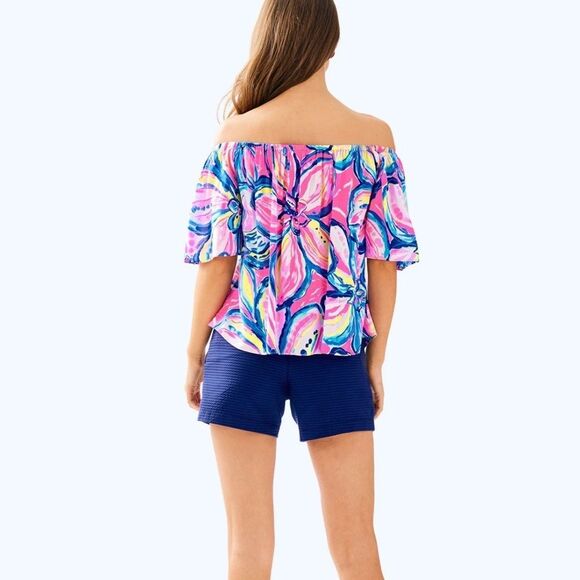 Lilly Pulitzer Top Off The Shoulder Sain Blouse in Pink Sunset Sunny Side - Picture 3 of 7